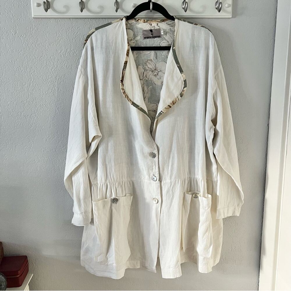 Vintage Crunch White & Floral Linen Lagenlook Jacket